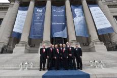 Award recipients from all categories gather for a group photo in front of the Benjamin Franklin National Memorial.
