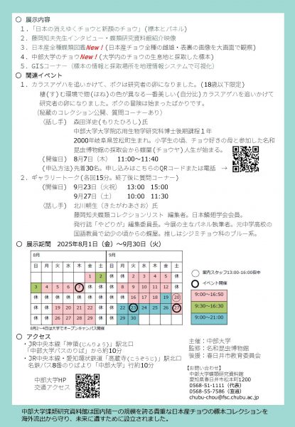 中部大学蝶類研究資料館夏の企画展　日本の消えゆくチョウと新顔のチョウ2