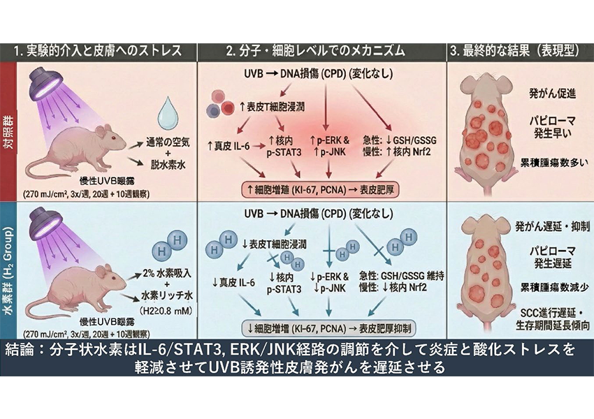 分子状水素はヘアレスマウスにおいて紫外線B波（UVB）誘発性の慢性炎症を軽減し皮膚がんの発症を遅延させる