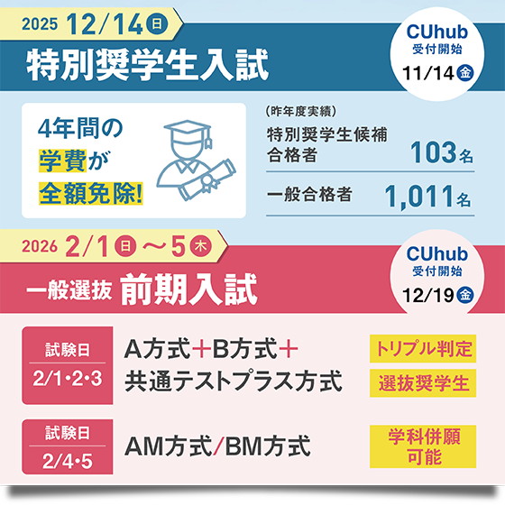 2025年12/14　特別奨学生入試（受付開始11/14）／2026年2/1～5　一般選抜前期入試（受付開始12/19）